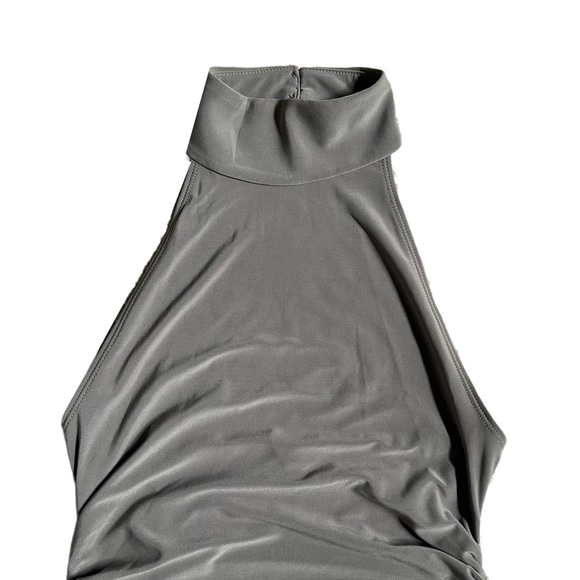 WILFRED / ARITIZIA TAUPE‎ HALTER NECKLINE FITTED “REMEDY” MIDI DRESS WITH SLIT - Picture 2 of 13